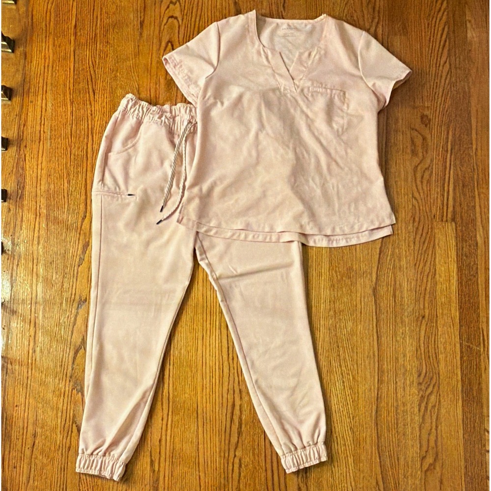 Jaanuu Women's Pink Solid Scrub Set Top & Jogger Pants Size L Polyester
